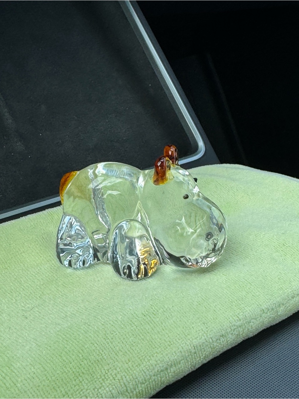 House Hippo - Clear Glass Hippo Figurine with Amber Accents